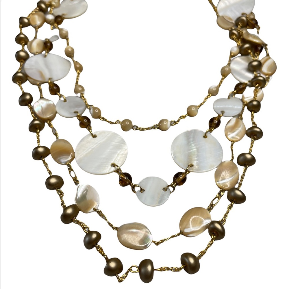 Talbots Necklace with 4 Layers of Brushed Gold and Beige Beads and White Discs